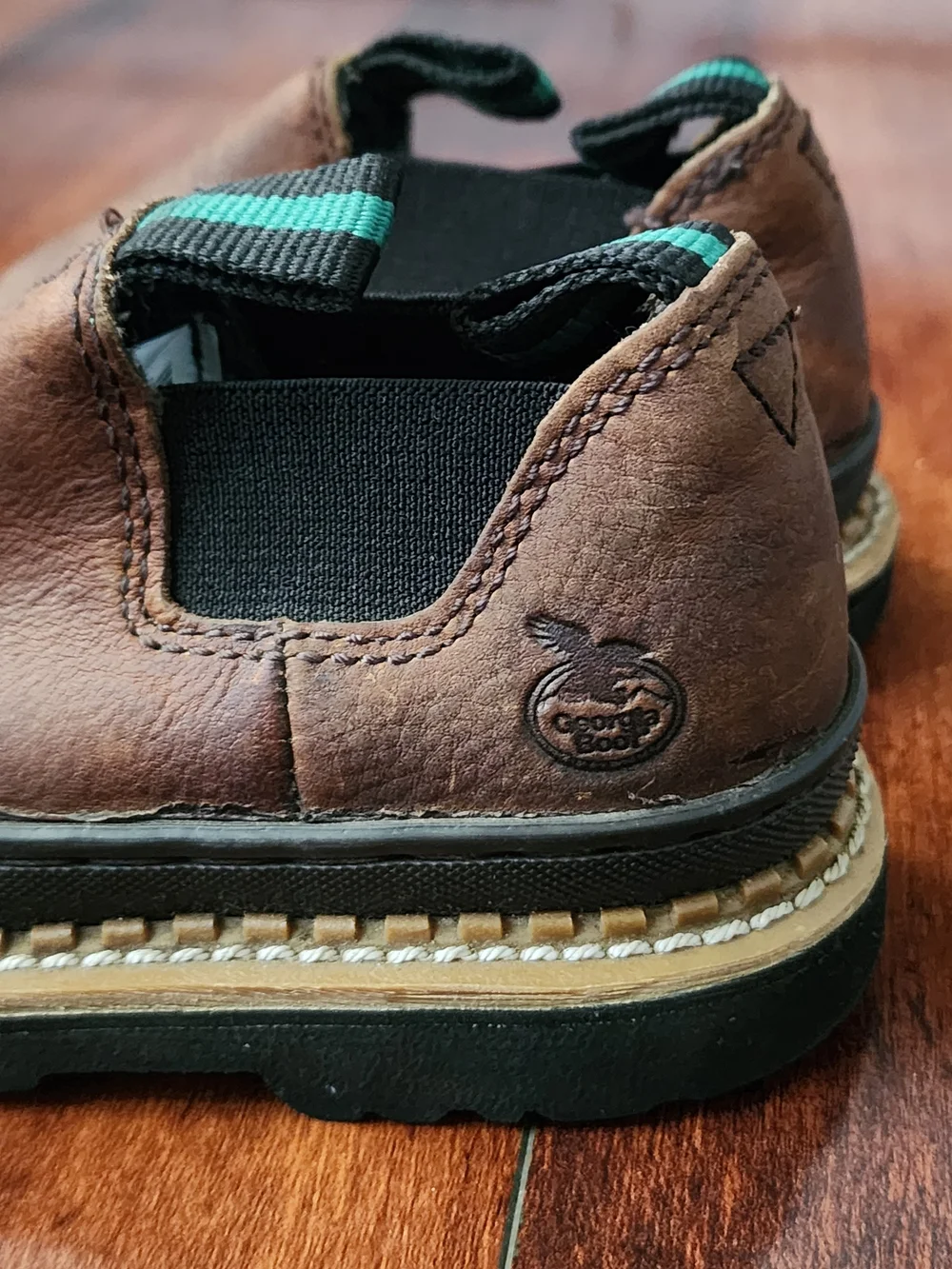 Georgia Boot Kids Brown Leather Slip-On Work Boots with Green Accents